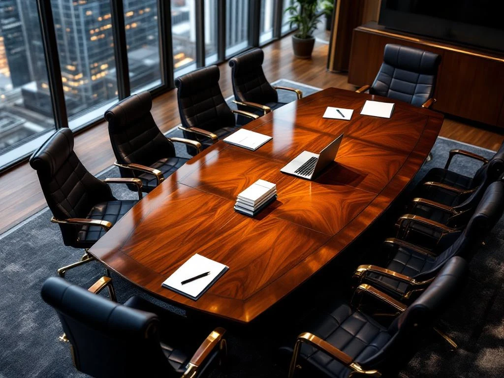 Luxe bestuurskamer met mahonie vergadertafel, leren stoelen en dramatische verlichting met stadsgezicht op achtergrond
