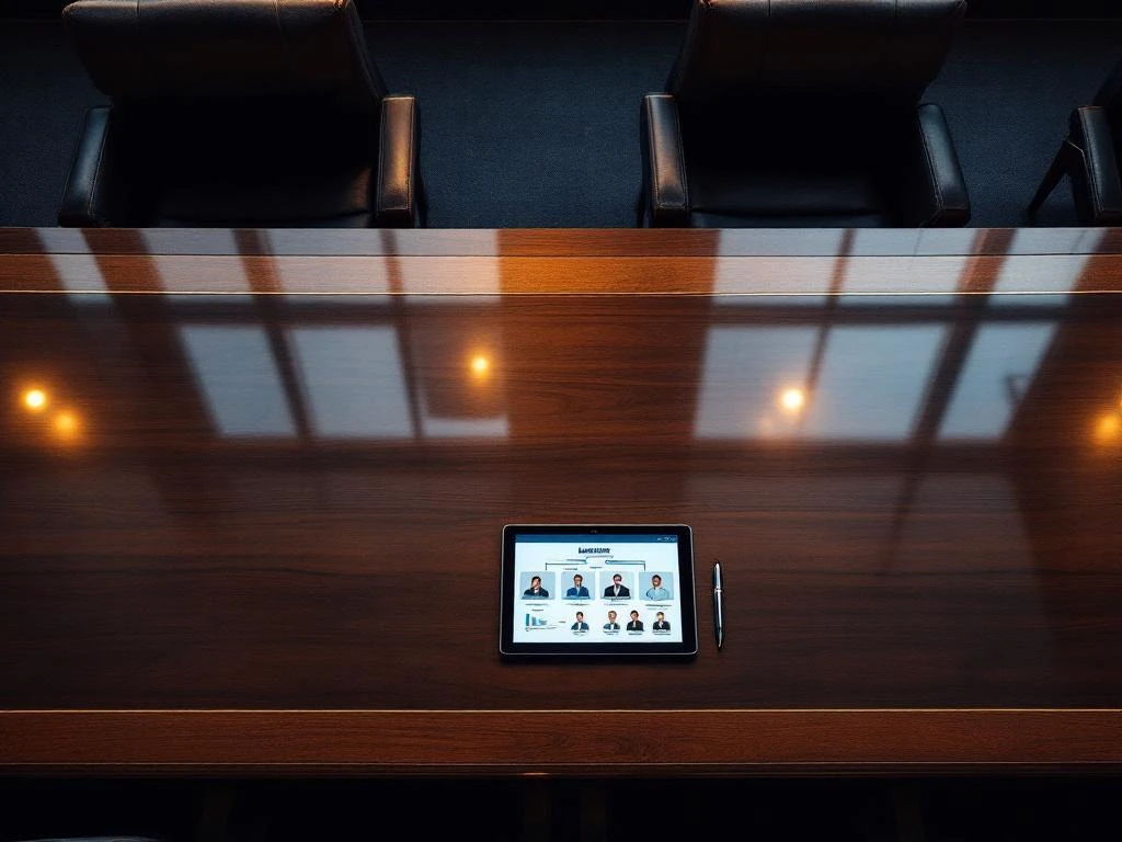 Bestuurskamer van bovenaf met mahonie vergadertafel, leren stoelen, tablet met organisatieschema's en documenten