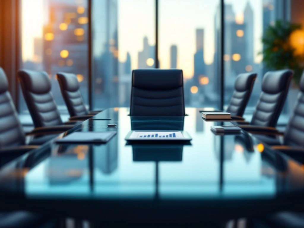 Luxe bestuurskamer met lege leren stoelen rond glazen vergadertafel, stadsgezicht op achtergrond