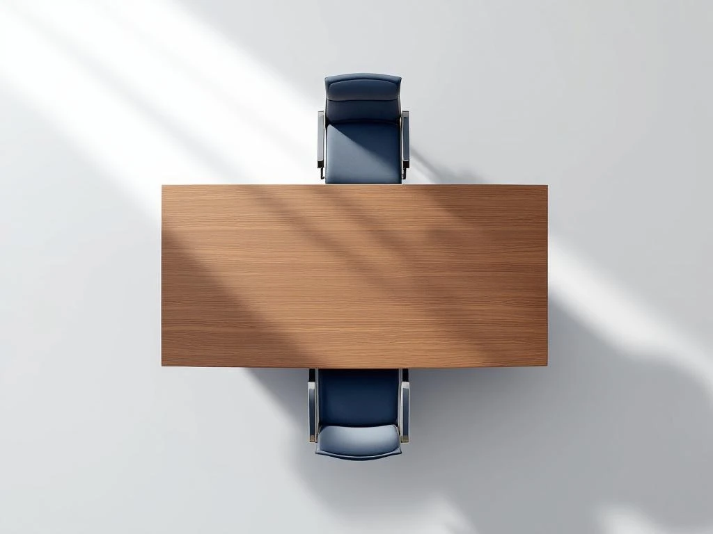 Lege directiestoel aan houten vergadertafel van bovenaf, minimalistische boardroom met zachte belichting en witte achtergrond