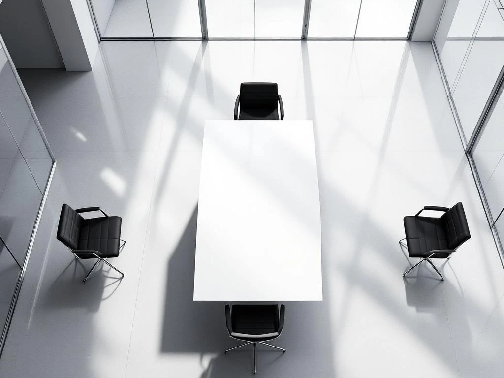 Witte bestuurskamertafel van bovenaf met zwarte leren stoelen, dramatische belichting in moderne kantooromgeving