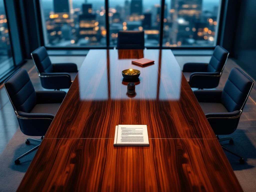 Moderne vergaderzaal van bovenaf met mahonie tafel, leren stoelen en stadsuitzicht door grote ramen