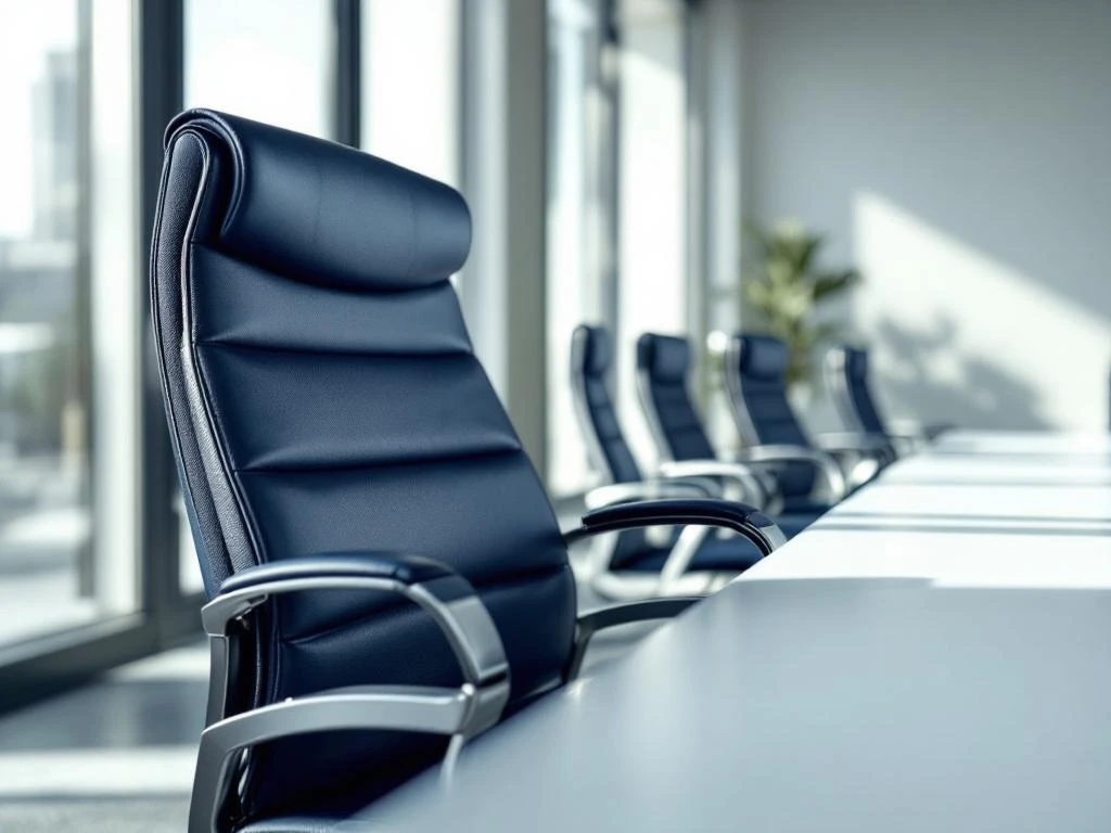Lege CEO-stoel in navy blauw leer aan witte vergadertafel in minimalistische boardroom met natuurlijk licht