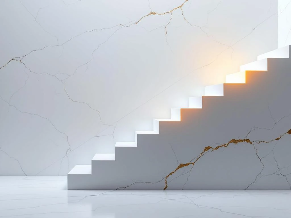 Witte marmeren trap met gouden spotlight op bovenste trede, symboliseert corporate hiërarchie en carrièregroei
