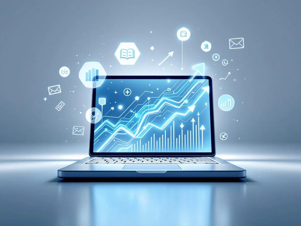 Moderne laptop toont datastromen en trendpijlen, omringd door zwevende pictogrammen voor professionele ontwikkeling