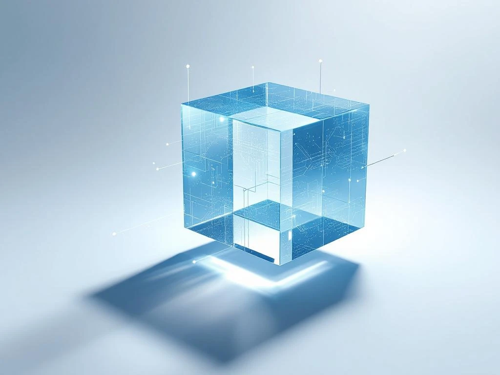 Glazen kubus met digitale circuits en lichtstralen, verbindingslijnen symboliseren interim management transformatie