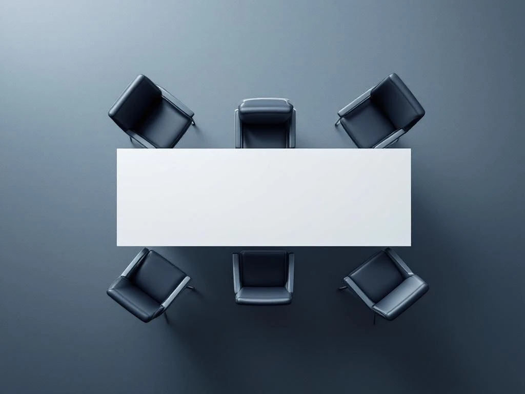 Witte bestuurstafel met drie zwarte leren stoelen, bovenaanzicht, minimalistisch kantoorinterieur voor executive search