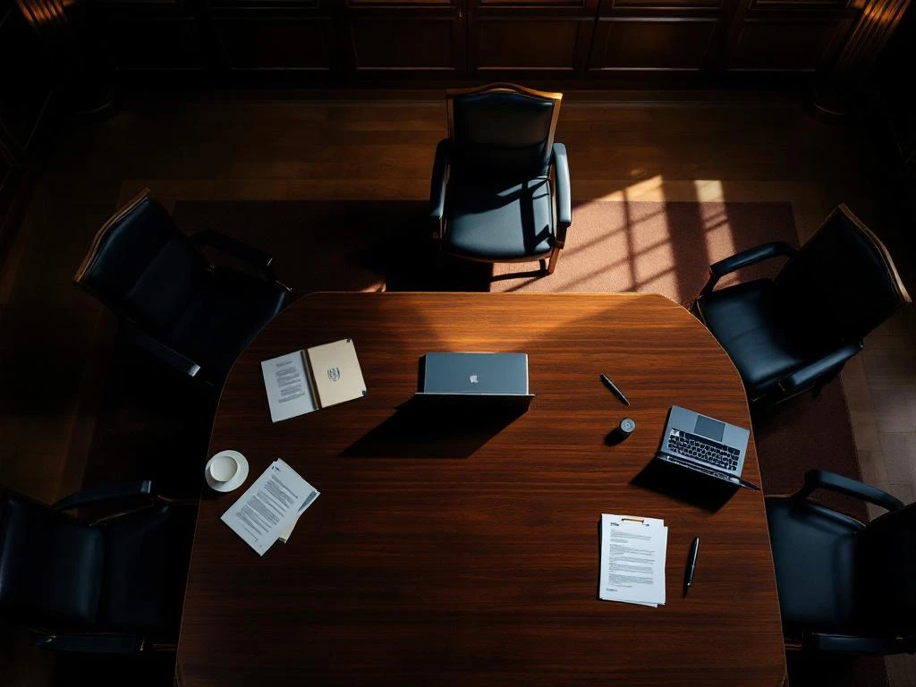Bestuurskamer met mahonie tafel en gouden verlichte directiestoel, documenten en laptop voor executive search