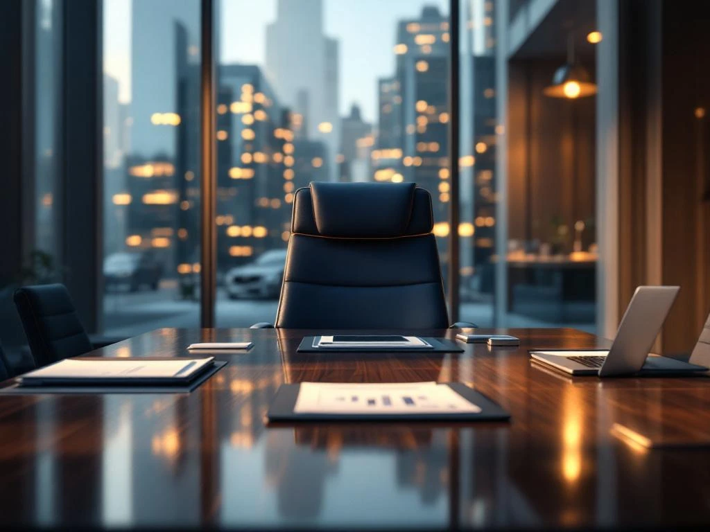 Lege directiestoel aan mahonie vergadertafel in moderne boardroom met stadsuitzicht, symboliseert interim-leiderschap