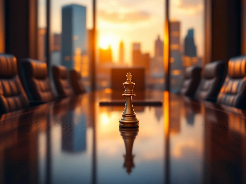 Bestuurskamer met mahonie vergadertafel, gouden schaakstukken en lege leren stoelen bij stadssilhouet tijdens gouden uur