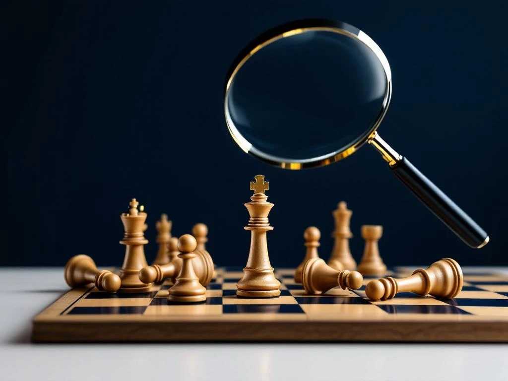Schaakbord met houten stukken en vergrootglas, koning centraal tussen gevallen stukken, symboliseert leiderschap