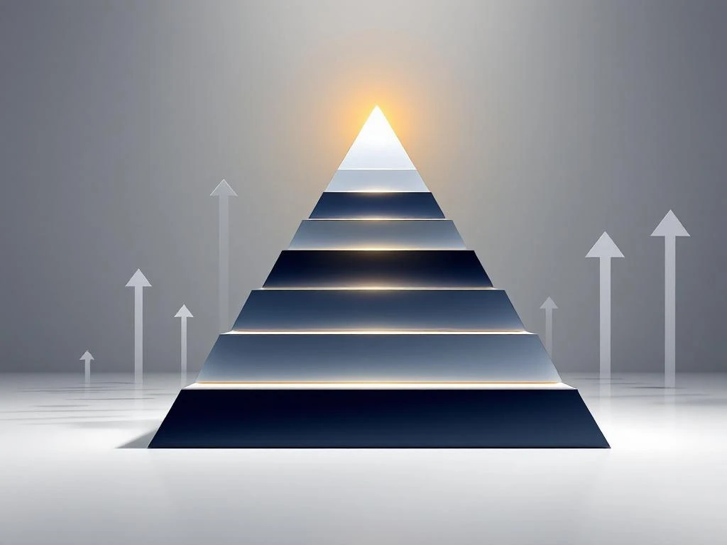 Geometrische piramide met vijf niveaus in marineblauw en zilver, gouden top symboliseert leiderschapsexcellentie