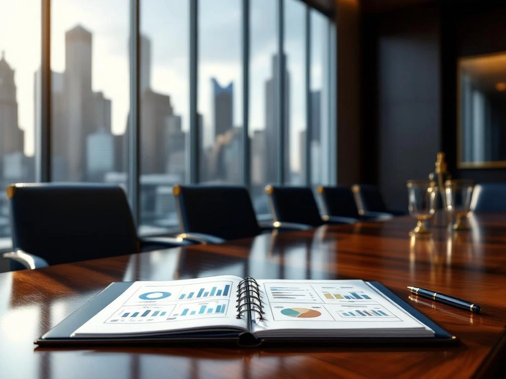 Luxe bestuurskamer met mahonie conferentietafel, leren stoelen en open executive portfolio met organogrammen