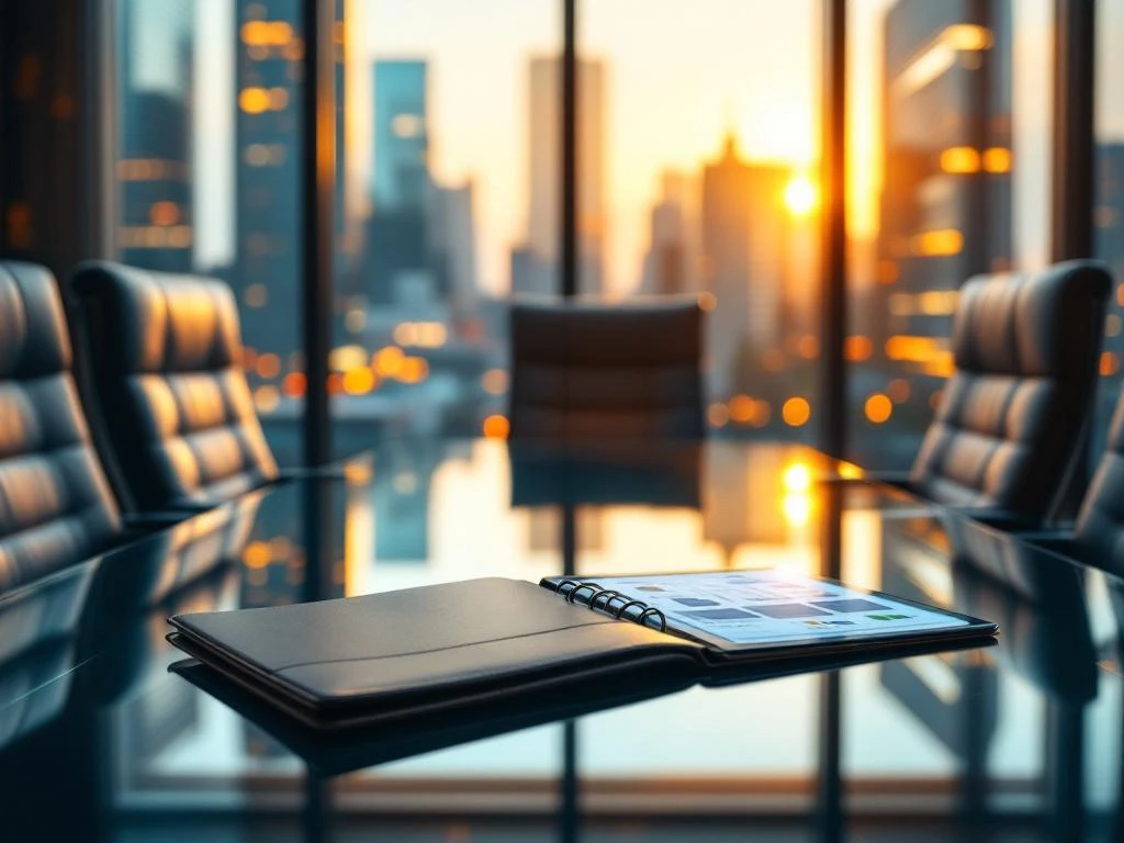 Luxe boardroom met glazen vergadertafel, leren directiestoelen en stadszicht tijdens gouden uur