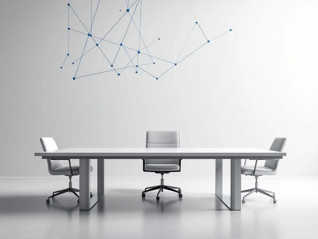 Moderne bestuurskamer met grijze vergadertafel en enkele stoel, verbonden door blauwe netwerklijnen voor executive recruitment