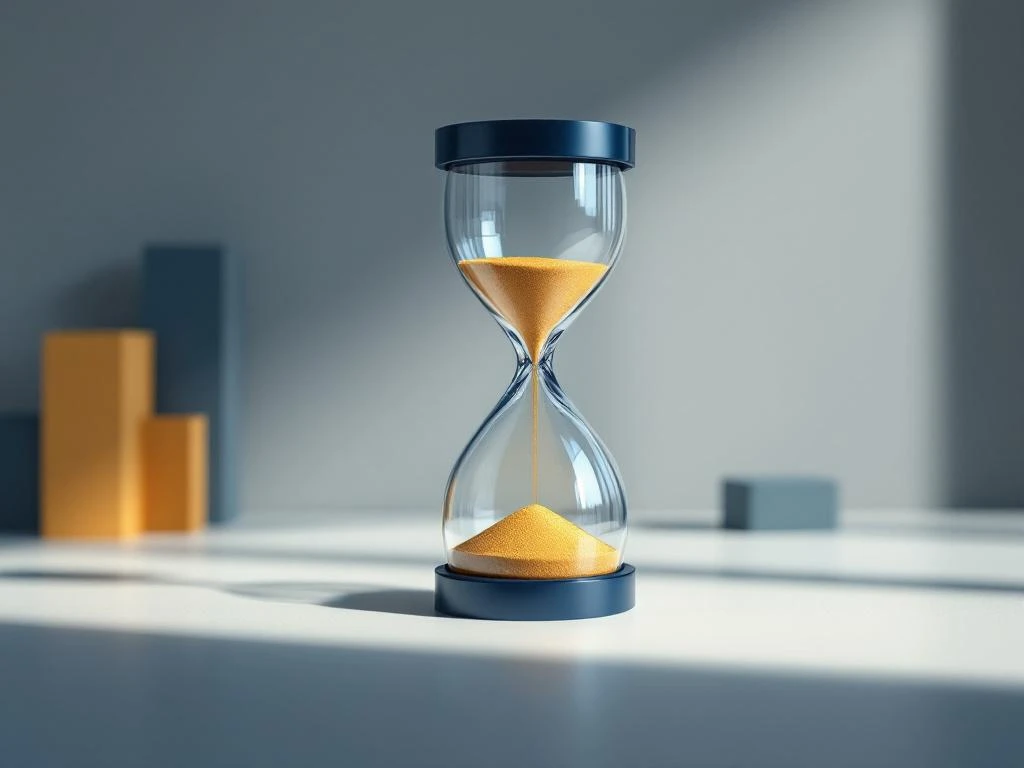 Elegante zandloper met gouden zand op moderne bureau, navy en zilver tinten, symboliseert tijd in executive recruitment