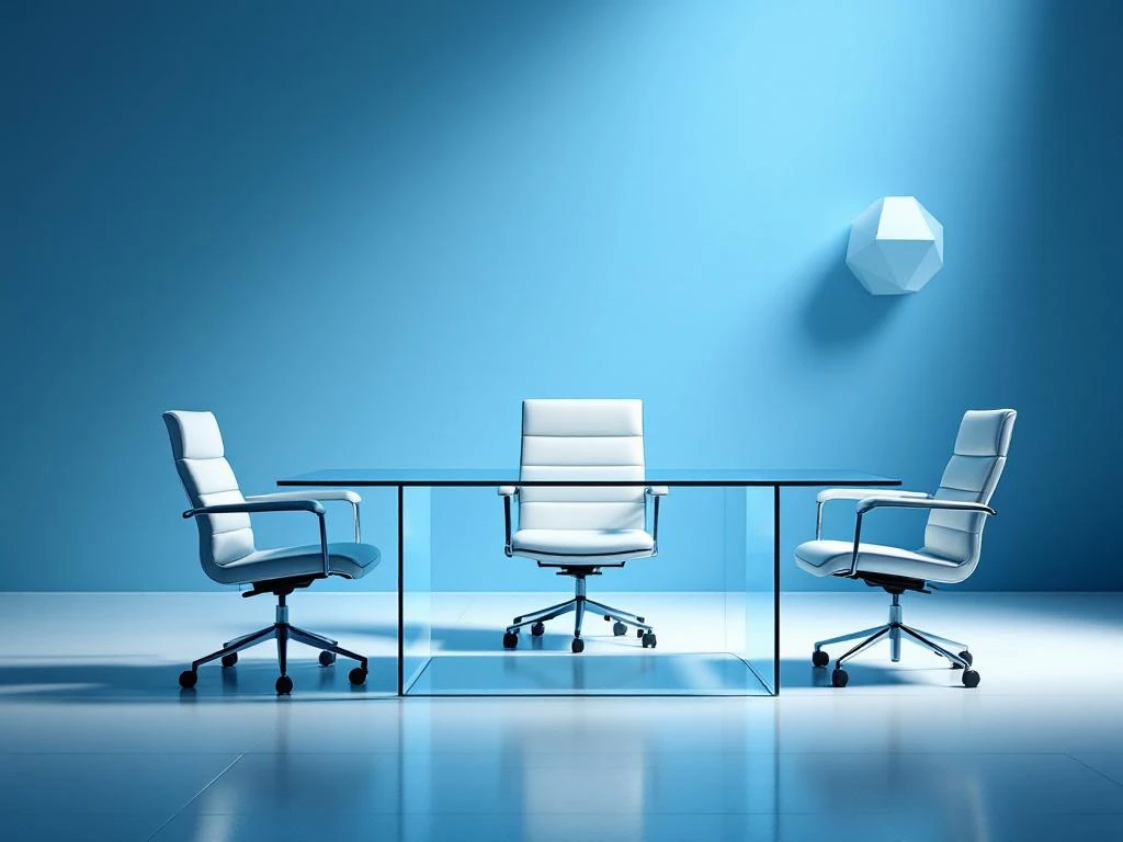 Moderne glazen vergadertafel met drie executive stoelen, één verhoogd voor C-level leiderschap, blauwe achtergrond