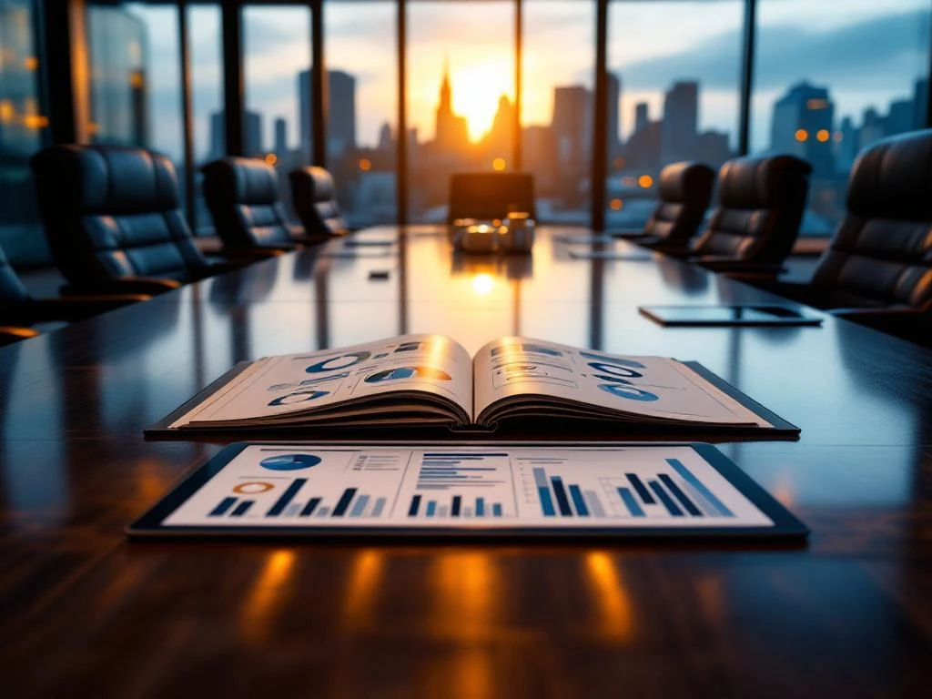 Bestuurskamer met lederen stoelen, open portfolio met organogrammen en tablet met netwerkgrafiek, Nederlandse skyline op achtergrond