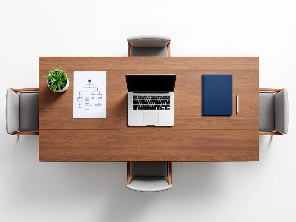 Laptop op houten vergadertafel van bovenaf met bedrijfsdocumenten en organisatieschema in minimalistische opstelling