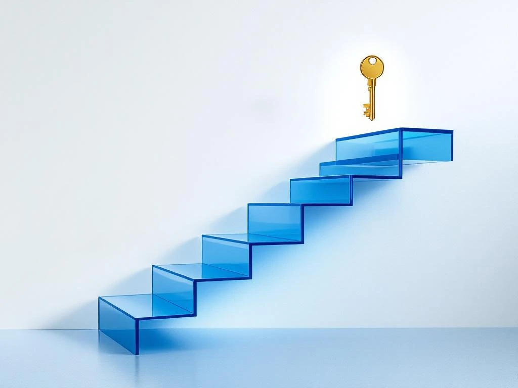 Glazen trap met blauwe verlichting leidt naar gouden sleutel, symboliseert zakelijk succes en carrièregroei