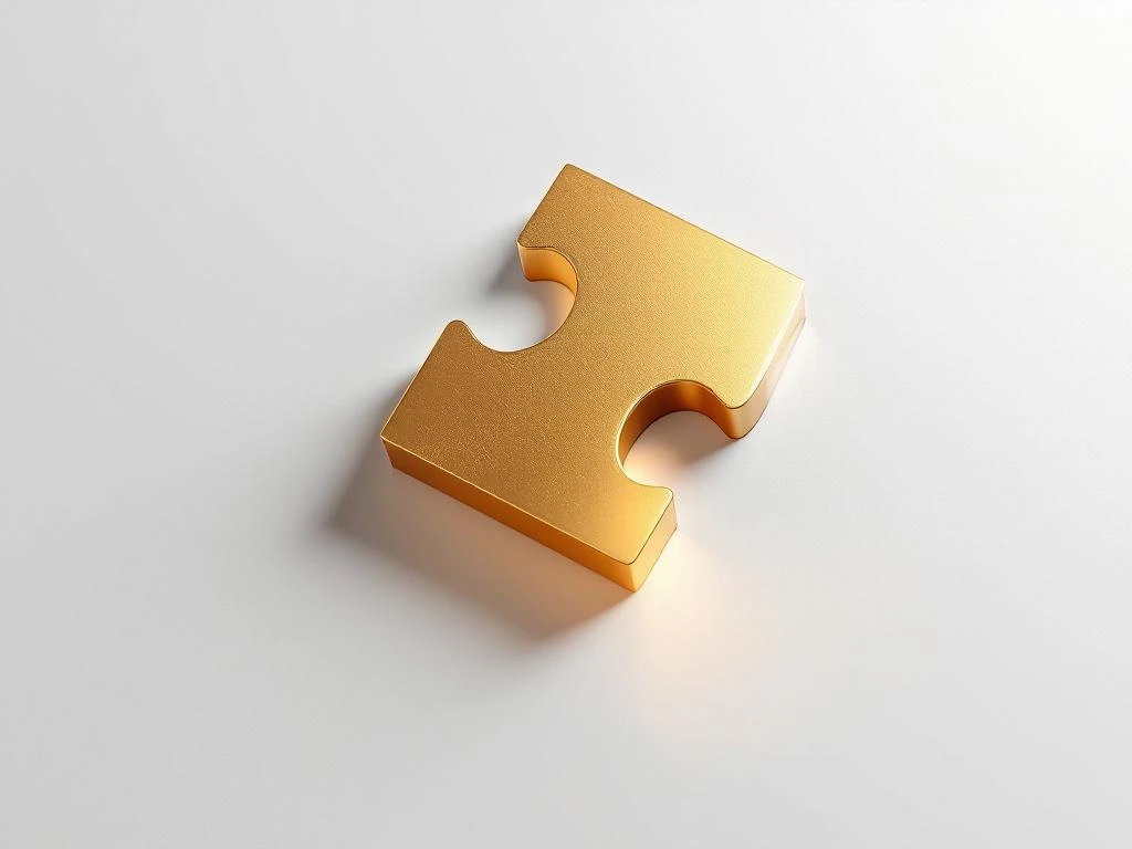 Gouden puzzelstuk zweeft boven wit oppervlak met schaduw, minimalistische compositie voor executive search