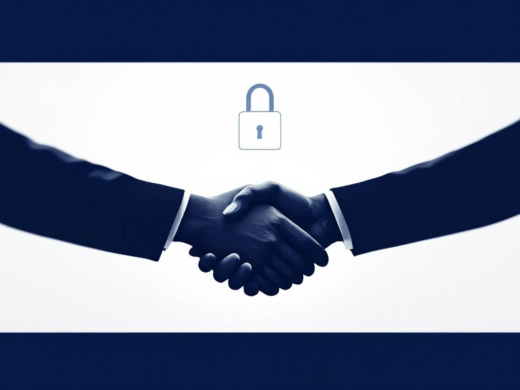 Handdruk silhouet in marineblauw met slot icoon symboliseert vertrouwelijke zakelijke overeenkomst op witte achtergrond