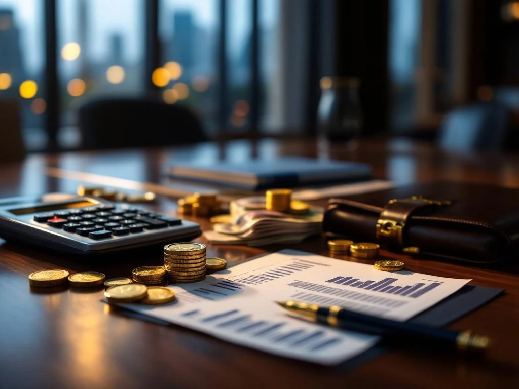 Luxe bestuurskamer met mahonie tafel, financiële documenten, euro bankbiljetten en gouden munten voor executive search