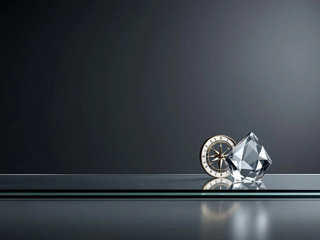 Glazen vergadertafel met gouden sleutel, kompas en kristal die leiderschap en strategische richting symboliseren