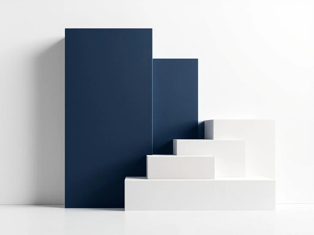 Gestapelde geometrische blokken in marineblauw en wit met kompas, symboliseert leiderschapshiërarchie en strategische richting