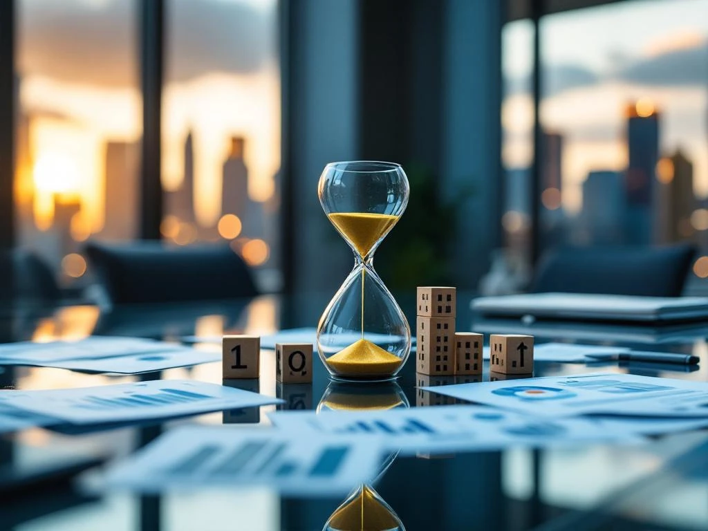 Zandloper met gouden zand op glazen vergadertafel met groeidiagrammen en bouwblokken in modern kantoor