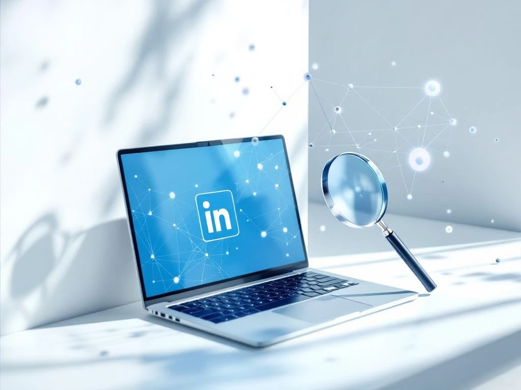 Laptop met LinkedIn interface en vergrootglas op wit oppervlak, symboliseert professioneel netwerken en executive search