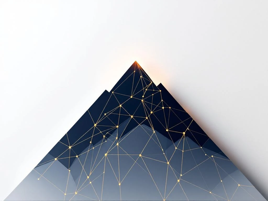 Geometrische bergpiek in marineblauw met gouden netwerklijnen op witte achtergrond, symboliseert executive groei