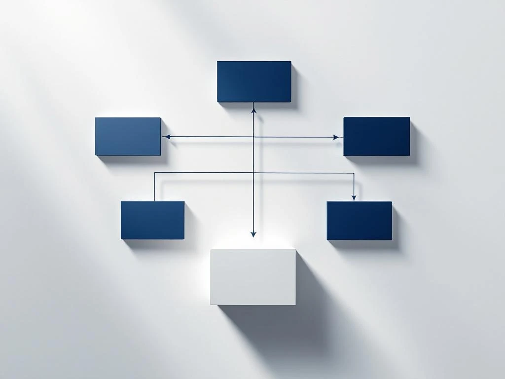 Organisatieschema met lege leiderschapspositie in marineblauw en zilver, pijlen wijzen naar executive vacature