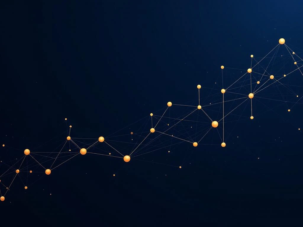 Organisatieschema met geometrische knooppunten in marineblauw en goud, verbonden door lijnen op witte achtergrond