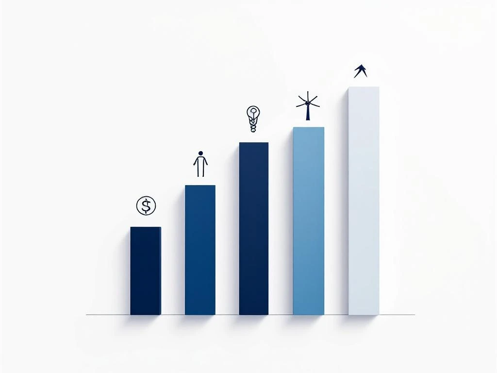 Staafdiagram met geometrische sectorsymbolen in oplopende hoogte, navy naar lichtblauw kleurverloop, witte achtergrond