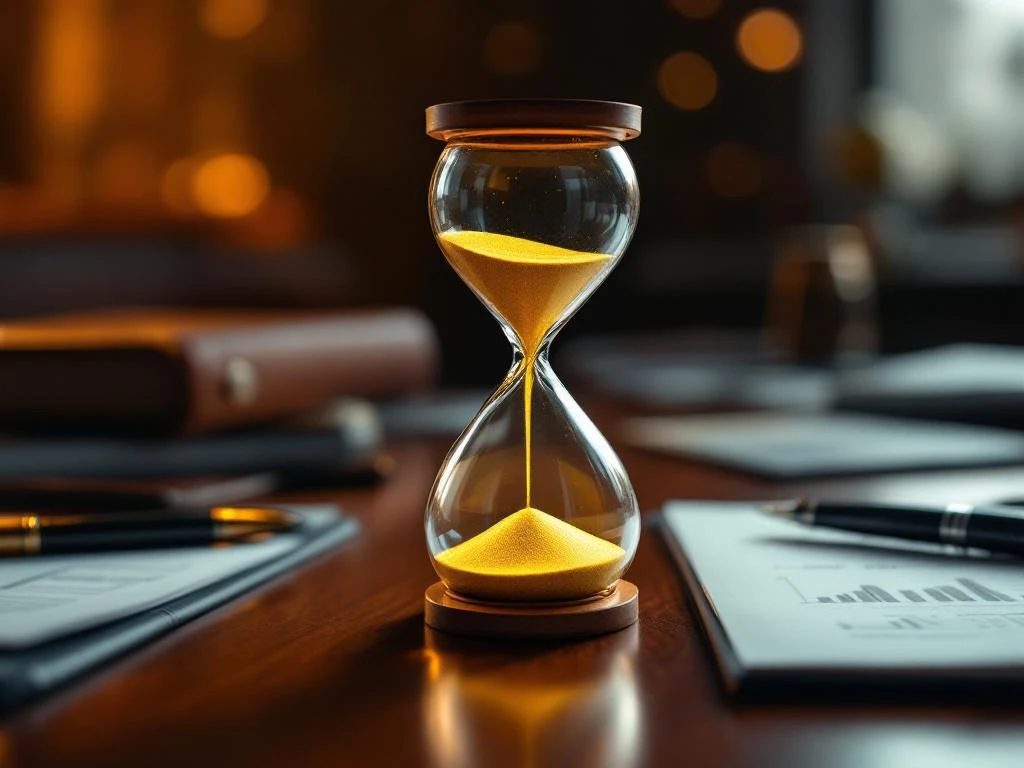 Gouden zandloper op mahonie bureau met zakelijke documenten, symboliseert tijdkritische executive recruitment processen