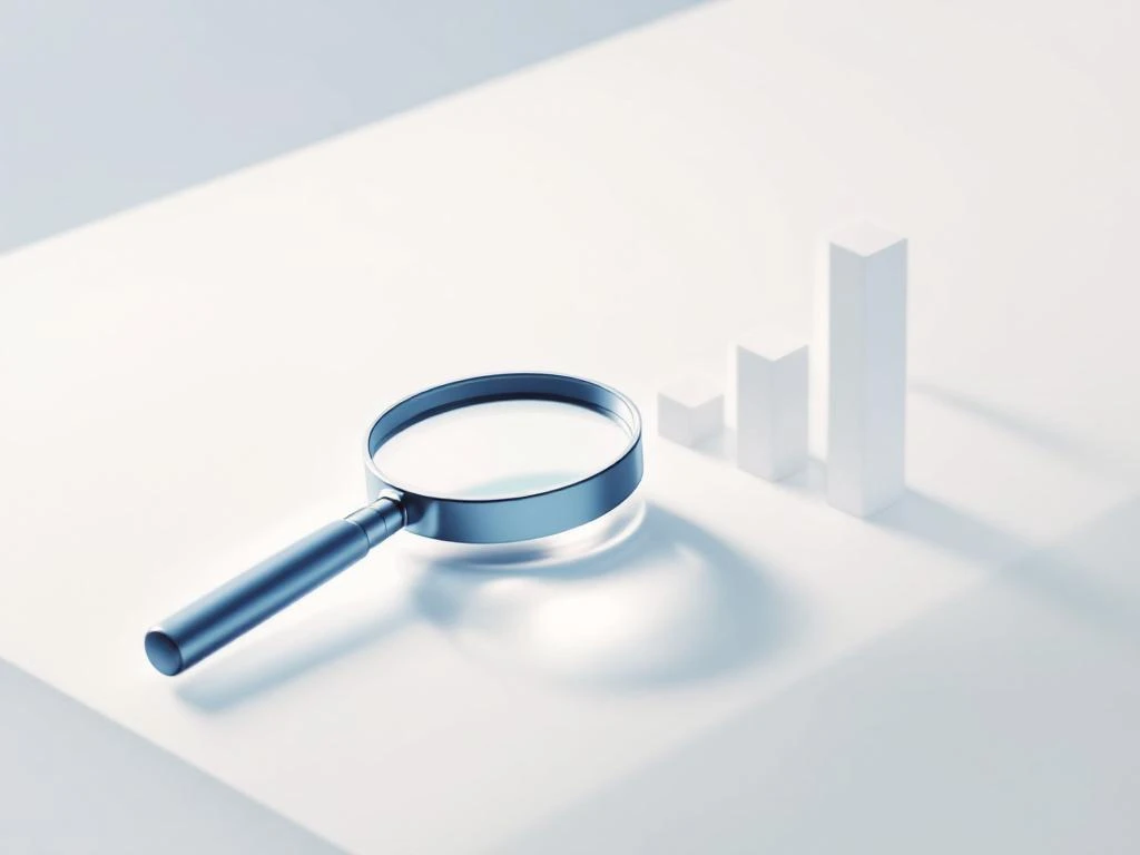 Vergrootglas boven witte ondergrond met geometrische vormen en traptreden, symboliseert evaluatie en selectie