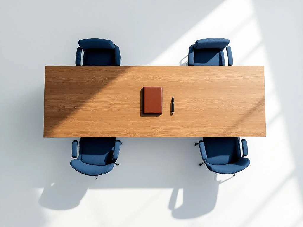 Moderne bestuurskamer met houten vergadertafel, vijf stoelen, pen en portfolio voor executive search professionals