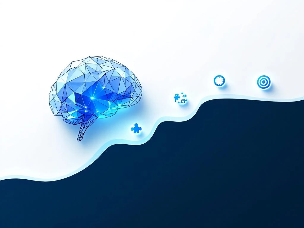 Geometrisch brein icoon met vijf vaardigheid symbolen in blauwe tinten op witte achtergrond, moderne zakelijke illustratie