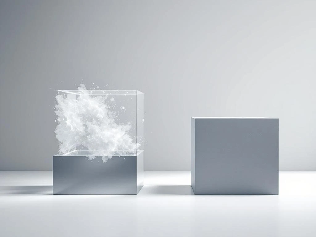 Twee geometrische vormen in navy en grijs: een oplossende kubus verbonden met een solide blok via pijl op witte achtergrond