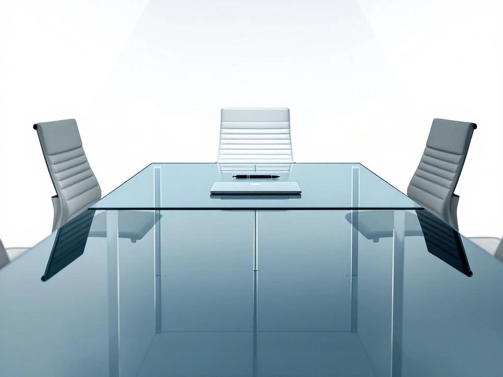 Lege directiestoel aan glazen vergadertafel met laptop, symboliseert interim leiderschapskans in moderne kantooromgeving