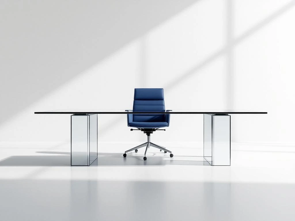 Moderne glazen vergadertafel met directiestoel, navy blauwe en zilveren geometrische vormen op witte achtergrond