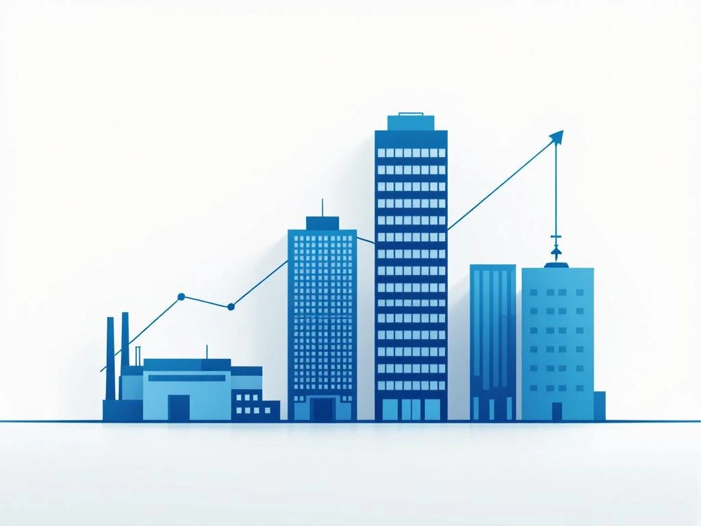 Geometrische gebouwsilhouetten van fabriek, kantoor, ziekenhuis en tech-gebouw met verbindingslijn voor interim management