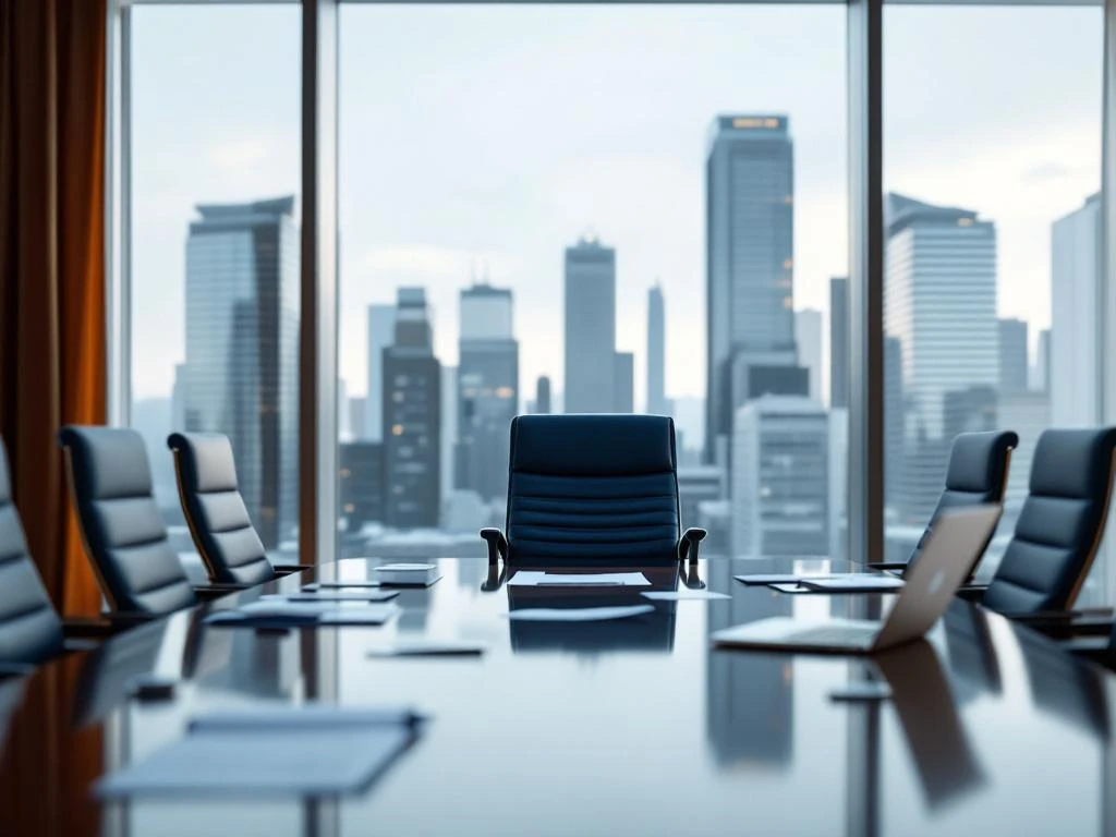 Lege CEO-stoel aan mahoniehout vergadertafel in moderne boardroom met stadsgezicht, interim management concept