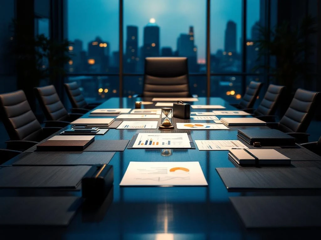Lege directiestoel aan vergadertafel met documenten en grafieken in moderne boardroom met stadsgezicht op achtergrond