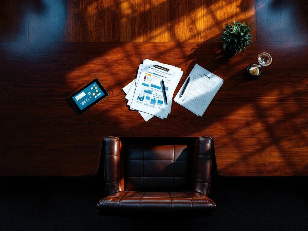 Mahonie bestuurskamertafel van bovenaf met leren directiestoel, documenten, tablet en zandloper voor interim management
