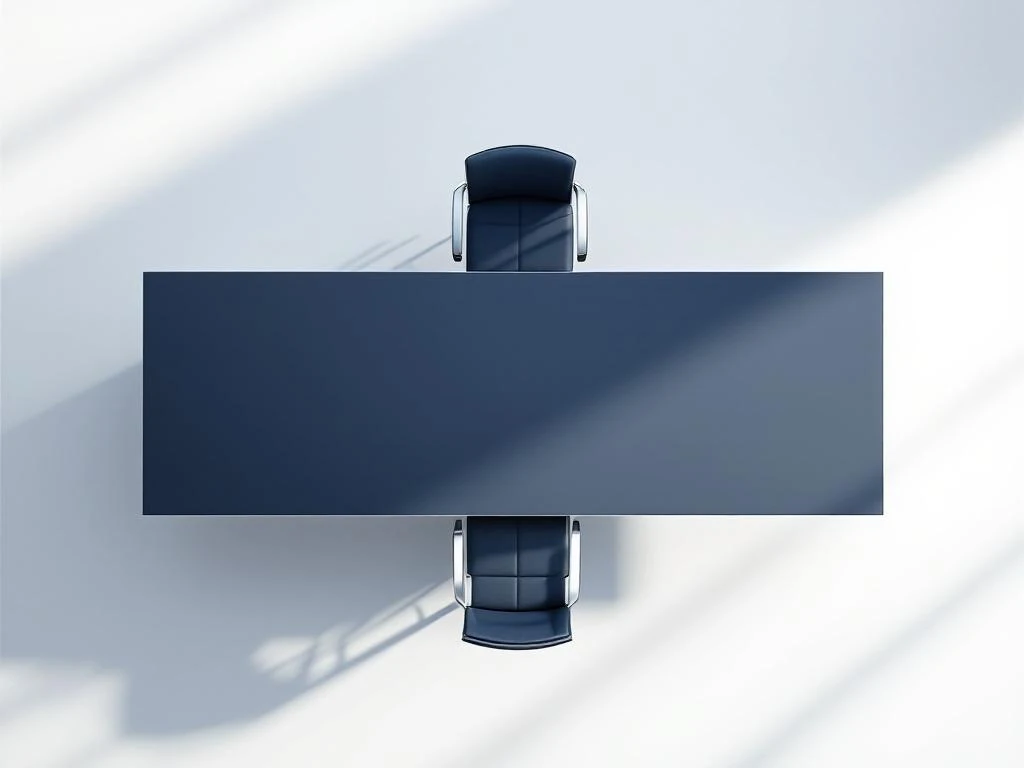 Moderne bestuurstafel van bovenaf gezien met directiestoel aan het hoofd, navy en zilver accenten op witte achtergrond