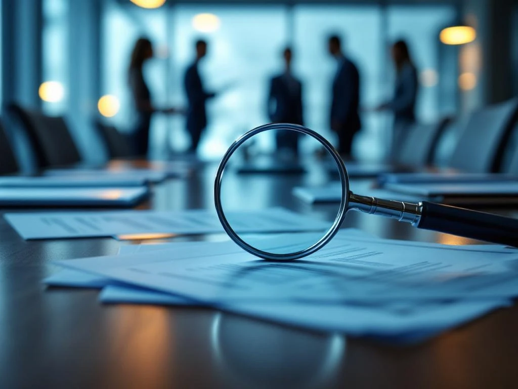 Vergadertafel met bedrijfsdocumenten en vergrootglas voor evaluatie van interim management bureaus, professionals op achtergrond