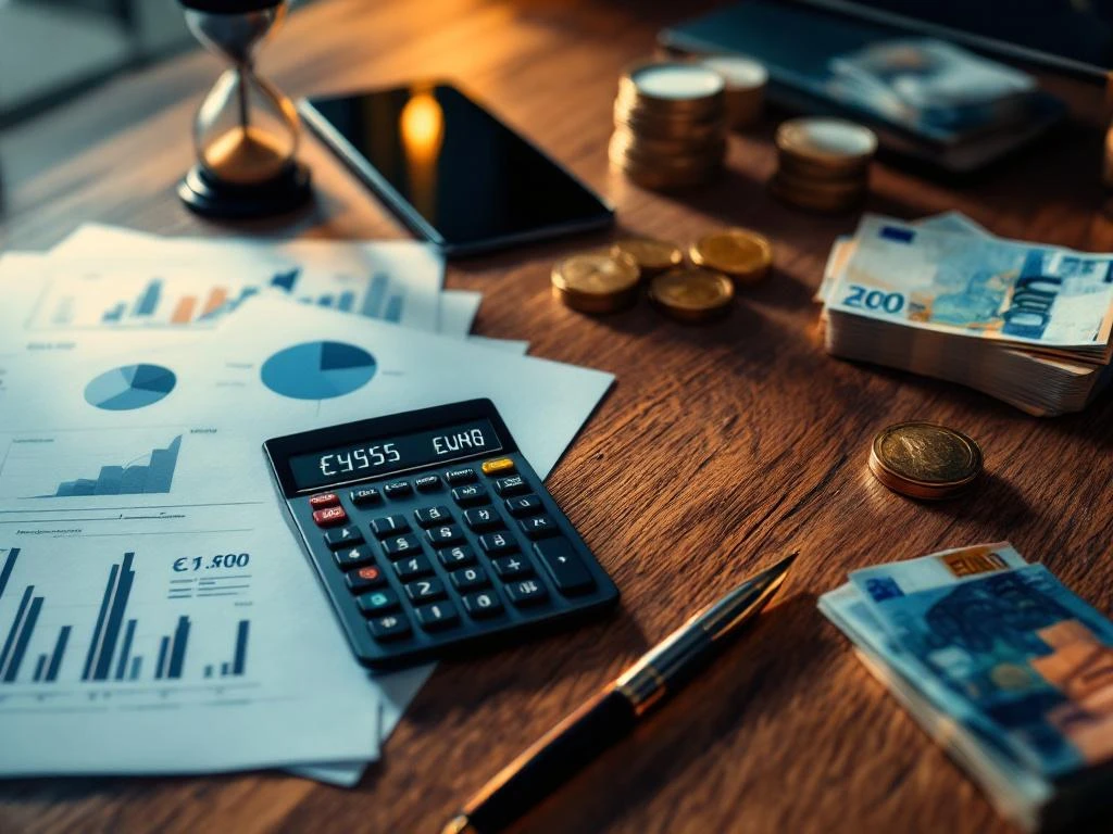 Luxe kantoorbureau met calculator, euro bankbiljetten, documenten met grafieken en pen voor financiële consultancy