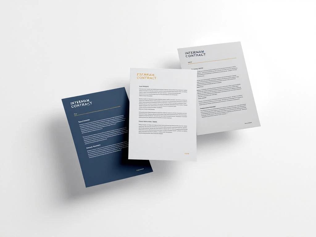 Drie geometrische contractdocumenten in marineblauw, grijs en goud, diagonaal gerangschikt op witte achtergrond.